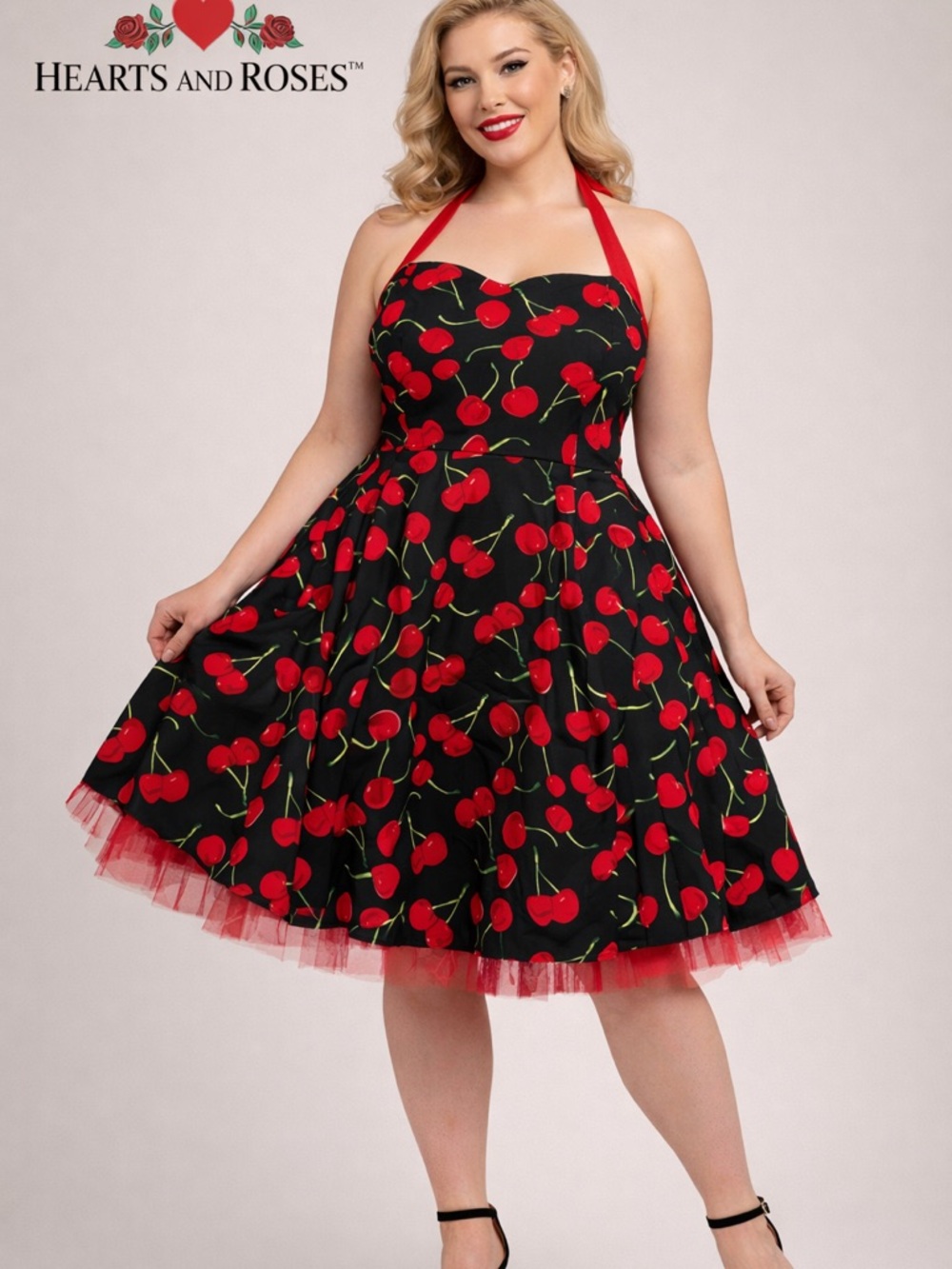 Hearts and roses, cherry print halter dress 16 pinup rockabilly fit & flare